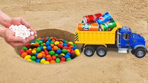 Dump Truck with Coca-Cola, Fanta, Pepsi, 7Up vs Mentos and M&Ms in Hole