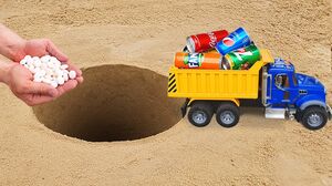 Dump Truck with Coca-Cola, Fanta, Pepsi, 7Up vs Mentos in Hole