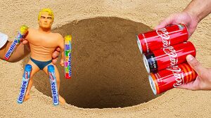 Stretch Armstrong with Mentos against cans of Coca Cola