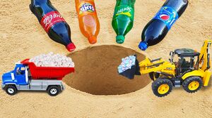 Fanta, Coca-Cola, Sprite vs Excavator JCB with Orbeez vs Dump truck Mentos