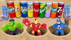 Hulk, Captain America, Iron Man VS Fanta, Cola, Sprite, 7Up and Mentos
