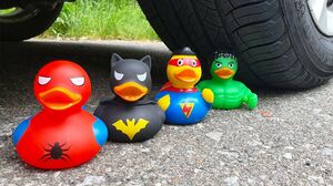 Car vs Rubber Ducks Batman, Superman, Hulk and Spiderman