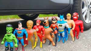 Experiment: Car vs Stretch Armstrong, Superman, Batman, Flash, Scooby Doo, Elastigirl and Vac-Man