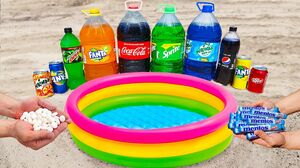 Experiment! Pepsi, Mtn Dew, Fanta, Coca-Cola, Sprite, Mirinda vs Mentos in Pool