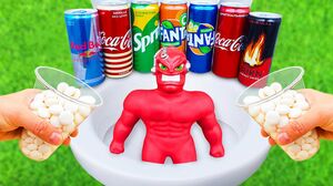 Experiment: Stretch Vac-Man vs Coca Cola, Fanta, Sprite, Red Bull and Mentos in Toilet