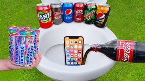 Experiment: iPhone 12 vs Coca-Cola, Pepsi, Fanta, Barr Cola, Sitro vs Mentos in Toilet