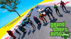 Super-heróis com Carros Pro Pulando! Spiderman and Heroes jumping on the ramp GTA 5 MODs