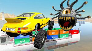 BeamNG Drive - Crazy Vehicle High Speed Jumping Over One-Eyed Monster Beholder And Crashes In Water