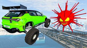 Crazy Cars Jumping Over Giant Red Virus On The Bridge - BeamNG Drive Fun Madness Cars Crashes