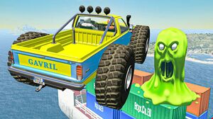 Crazy Jumps Of Death - BeamNG Drive Cars Jumping And Crashing Down Over Slime Monster On Container