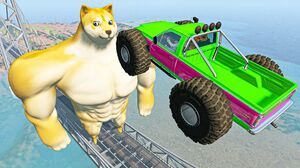 BeamNG Drive Cars Jumping Over Big Doge On The Bridge - Cars With Incredible Wheels Crashing Down