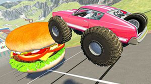 BeamNG Drive Fun Madness - Cars With Incredible Wheels Jumping Over Giant Hamburger & Crashes