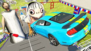 BeamNG Drive - High Speed Car Jumps Over Momo & Granny | Good Cat