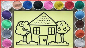 TÔ MÀU TRANH CÁT NGÔI NHÀ MÁI NGÓI ĐỎ VÀ VƯỜN CÂY - Sand painting the house and garden (Chim Xinh)