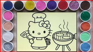 TÔ MÀU TRANH CÁT MÈO KITTY NƯỚNG THỊT BBQ - Kitty cooking sand painting (Chim Xinh)