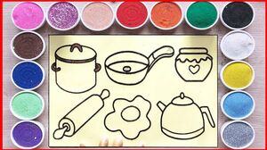 TÔ MÀU TRANH CÁT TRỨNG ỐP LA, ẤM NƯỚC, NỒI CHẢO NẤU CƠM... Sand painting kitchen set (Chim Xinh)