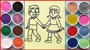 Đồ chơi trẻ em, tô màu tranh cát Nobita vs Xuka đi chơi - Sand painting Nobita Shizuka (Chim Xinh)