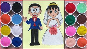 TÔ MÀU TRANH CÁT Nobita Xuka cô dâu chú rể / Colored sand painting toys (ChimXinh)