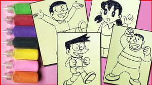 Đồ chơi trẻ em TÔ MÀU TRANH CÁT  Nobita, Xuka, Xeko, Chaien - Colored sand painting toys (Chim xinh)