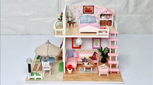 NHÀ BÚP BÊ TÍ HON 2 TẦNG - DIY miniature dollhouse Pink loft - Lắp ráp nhà mô hình (Chim Xinh)