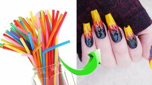 HOW TO MAKE FAKE NAILS FROM STRAWS in 3 Minutes -NOT ACRILIC  + Fire Nail Art Tutorial - EASY METHOD