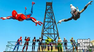 Base jumping superheroes challenge Spiderman Hulk GTA V mods