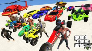 GTA V Double Mega Ramps with Trevor, Micheal, Franklin & Bigfoot By Motorcycles, Sport Cars & Boats
