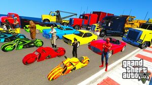 GTA V New Double Mega Ramps With Trevor ,Franklin And Bigfoot By Motorcycles, Muscle Cars, Trucks