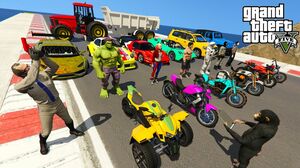GTA V Crazy Race In Double Mega Ramps With Crazy Trevor, Funny Chimp, Hulk By Motorcycles, SuperCars
