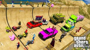 GTA V Funny Race In Mega Ramp With Spiderman, Hulk, Fall Guys By Motorcycles, Quad Bike, Trucks, Bus