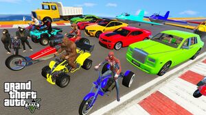 GTA V Mega Ramps Race With Trevor, Funny Chimps, Spiderman, Bigfoot By Bikes, Supercars, Jet Planes