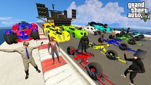 GTA V Crazy Double Mega Ramps By Batmobiles With Trevor, Spiderman, Batman, Franklin & Funny Chimps