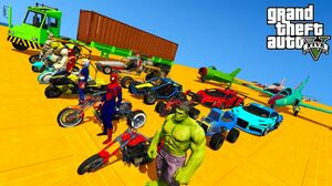 GTA V Double Mega Ramps Hulk Gone Crazy with Spiderman, Shrek, By Quad Bikes, Super Cars, Jet Planes