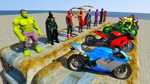 GTA V Awesome Motorcycles Track in Hard Challenge with Spiderman, Hulk, Superman & Superheros