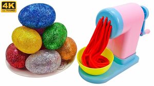 Satisfying Video l Playdoh Rainbow Glitter Eggs With Noodles Cutting ASMR #156 Bon Bon