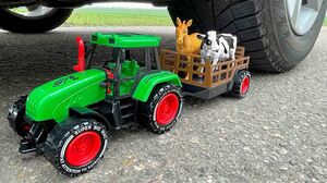 Crushing Crunchy & Soft Things by Car! Experiment Car vs Tractor Trailer with Animals Cow Horse Toys