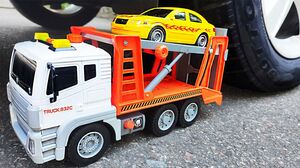 Crushing Crunchy & Soft Things by Car! Experiment Car vs Police Tow Truck with Car Toy on Trailer