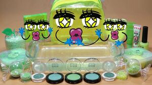 "MAKEUP Doodles" Mixing "NeonGREEN" Makeup,clay,slime,glitter with cute Doodles Into Clear Slime!