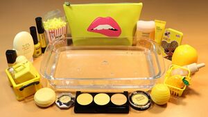 Mixing "Yellow" Makeup,clay,slime,glitter... Into Clear Slime! "yellowslime"