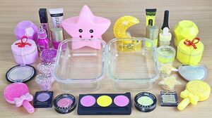 PINK vs YELLOW SLIME Mixing makeup and glitter into Clear Slime Satisfying Slime Videos