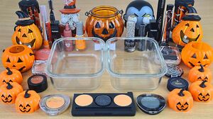 HALLOWEEN BLACK vs ORANGE SLIME Mixing makeup and glitter into Clear Slime Satisfying Slime Videos