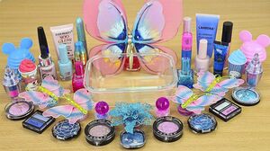 Blue Pink BUTTERFLY SLIME Mixing makeup and glitter into Clear Slime Satisfying Slime Videos