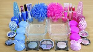 Bright BLUE vs PINK SLIME Mixing makeup and glitter into Clear Slime Satisfying Slime Videos