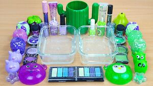 PURPLE vs GREEN SLIME Mixing makeup and glitter into Clear Slime Satisfying Slime Videos
