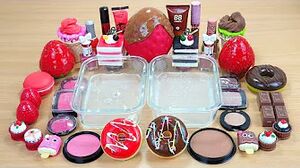 STRAWBERRY vs CHOCOLATE SLIME Mixing makeup and glitter into Clear Slime Satisfying Slime Videos