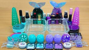 MINT vs PURPLE SLIME Mixing makeup and glitter into Clear Slime Satisfying Slime Videos