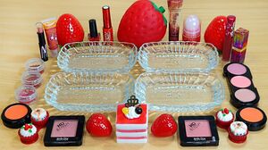 Strawberry Slime Mixing makeup Glitter and beads into Clear Slime